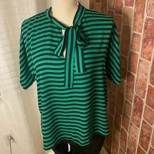 🆑NY and Co Stripe Tie Neck Blouse Size L EUC
